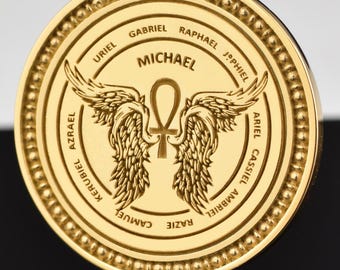 14K Solid Gold Archangels Medallion, Protection Jewelry, Spiritual Talisman Pendant, Guardian Angels Amulet Necklace, Ankh with Wings Charm