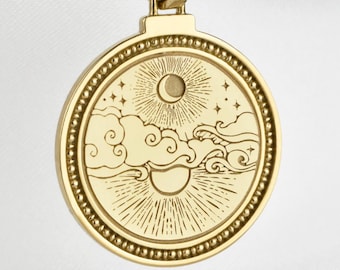 14K Solid Gold Celestial Halskette, Sonne & Mond Anhänger, personalisierter himmlischer Schmuck, Astrologie Medaillon, Crescent Moon Charm, Sun Anhänger