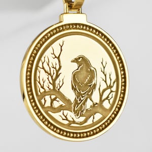 14K Solid Gold Raven Necklace, Crow Pendant, Spirit Bird Jewelry, Norse Mythology Medallion, Native Symbolic Charm, Odin&#39;s Raven Pendant