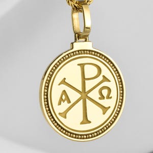 14K Solid Gold Chi Rho Cross Necklace: Christian Amulet Pendant