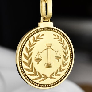 14K Solid Gold Justice Scale Pendant, Lawyer Medallion, Scales of Justice Disc Necklace, Symbol Of Justice Jewelry, Libra Scales Necklace