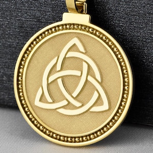 14K Solid Gold Celtic Trinity Knot Necklace, Irish Heritage Jewelry, Symbol of Eternity Pendant, Triquetra Medallion, Pagan Coin Pendant