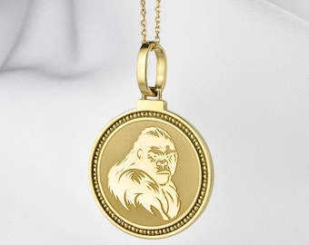 14K Solid Gold Gorilla Medallion Pendant: Jungle Animal Necklace