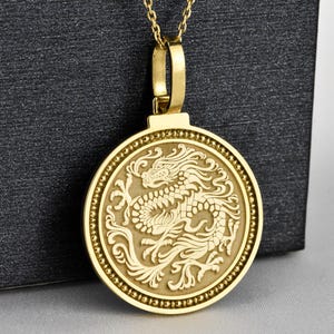 14K Solid Gold Dragon Necklace, Mythical Animal Pendant, Feng Shui Amulet Charm, New Year Jewelry, Chinese Pendant, Fantasy Dragon Necklace