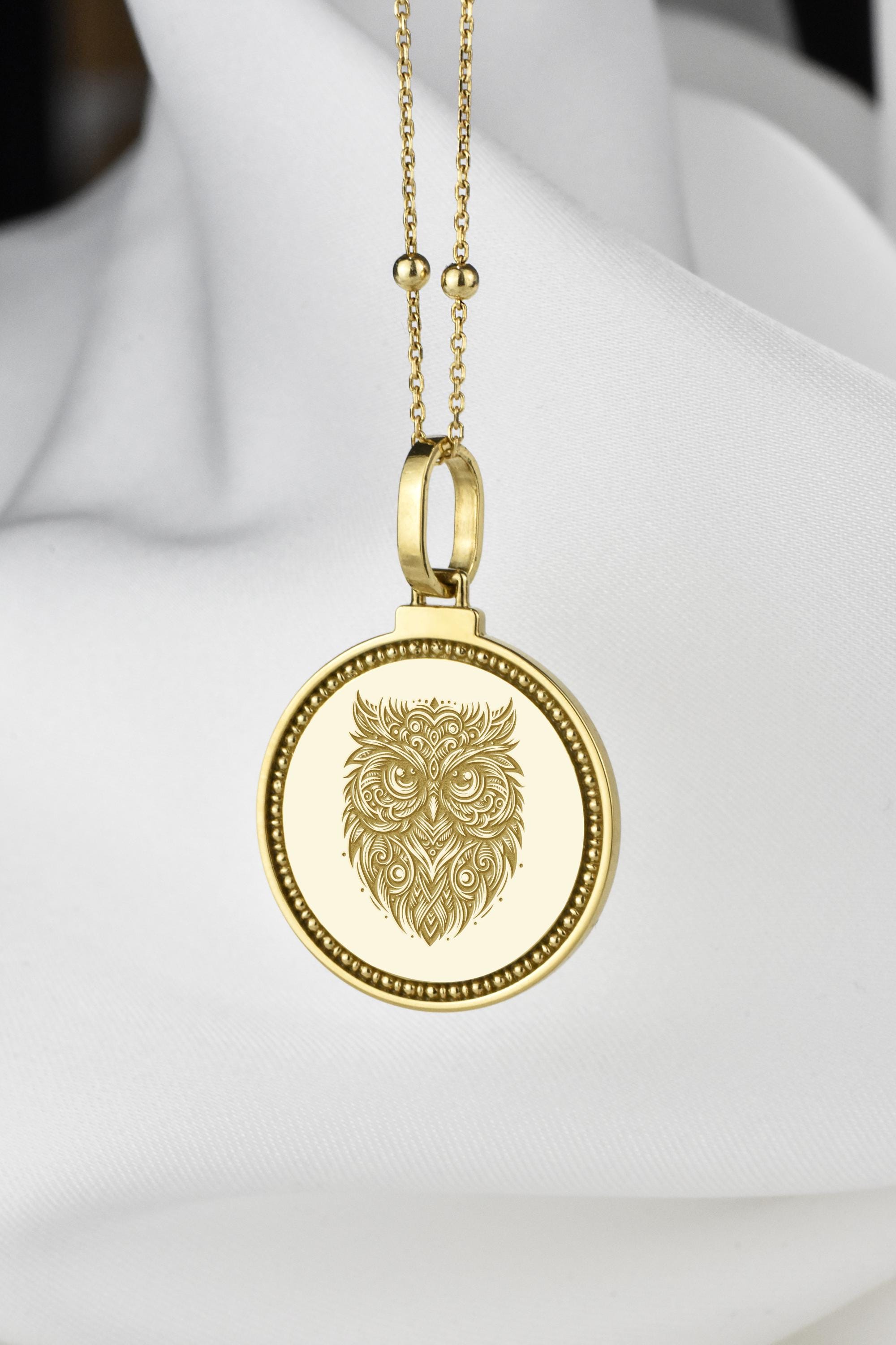 14K Solid Gold Owl Necklace - Tribal Animal Pendant