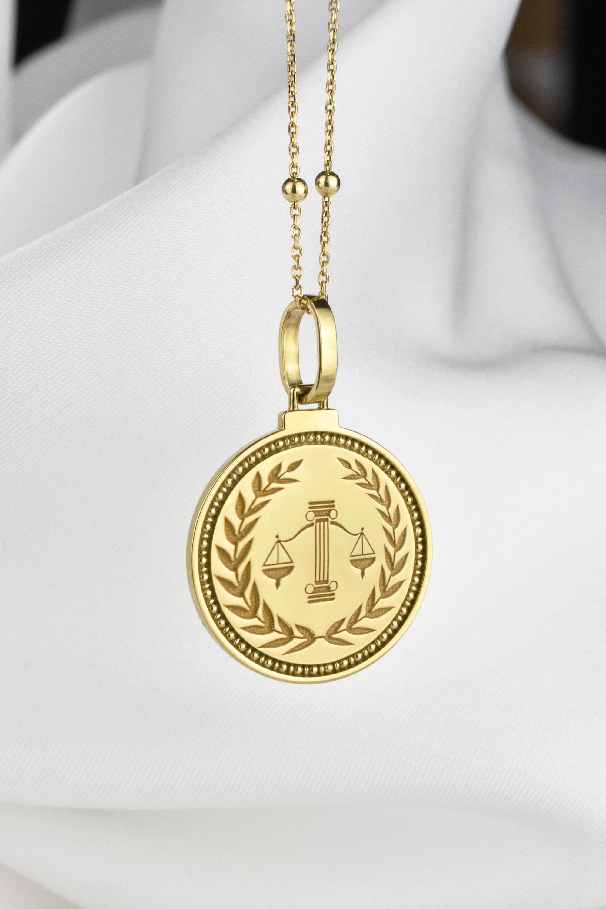 14K Solid Gold Justice Scale Pendant: Lawyer Medallion Necklace - Etsy