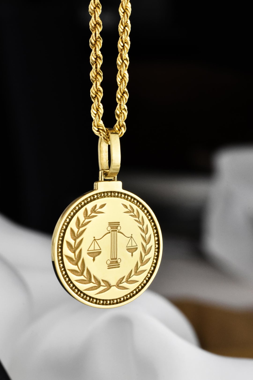 14K Solid Gold Justice Scale Pendant: Lawyer Medallion Necklace
