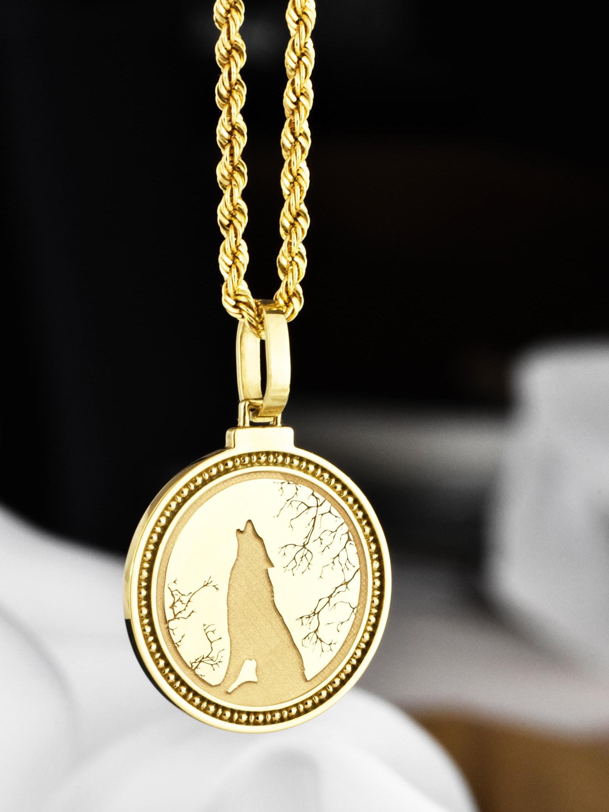 14K Solid Gold Howling Wolf Necklace, Nature Spirit Jewelry, Wolf Disc Charm, Lunar Wolf Pendant, Wilderness Medal, Wild Animal Pendant