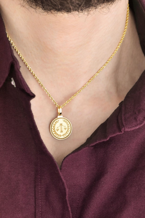 14K Solid Gold Justice Scale Pendant: Lawyer Medallion Necklace