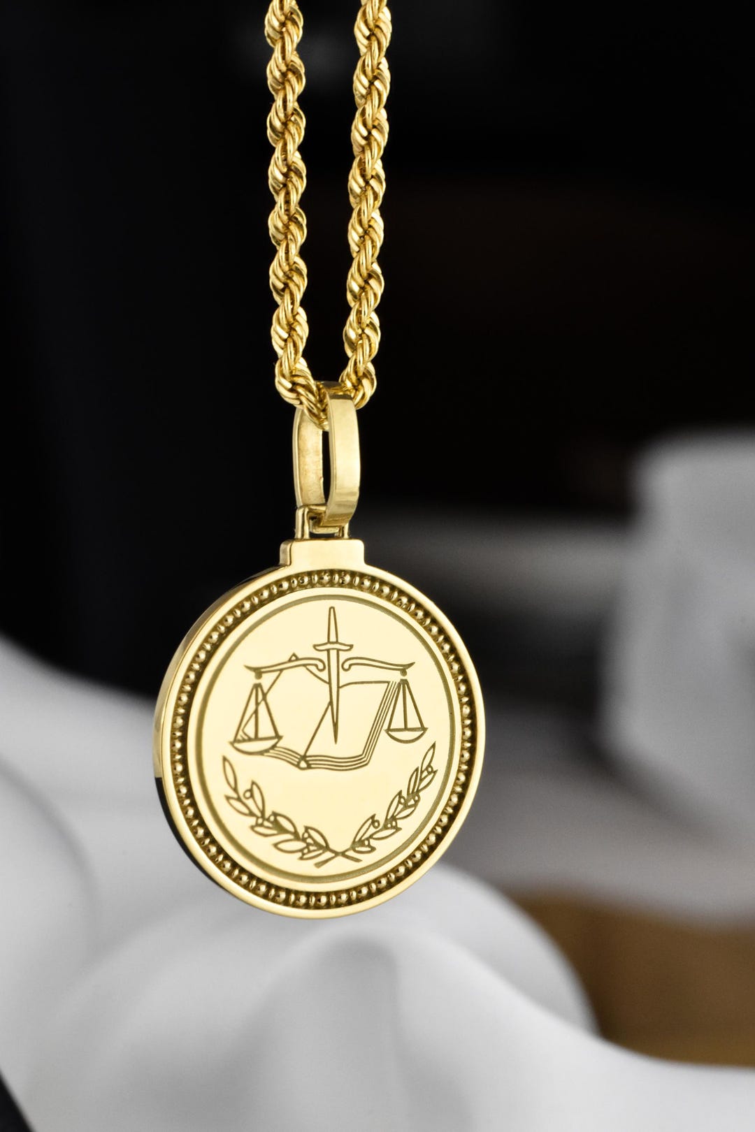 14K Solid Gold Scales of Justice Necklace: Engraved Law Graduate Gift ...