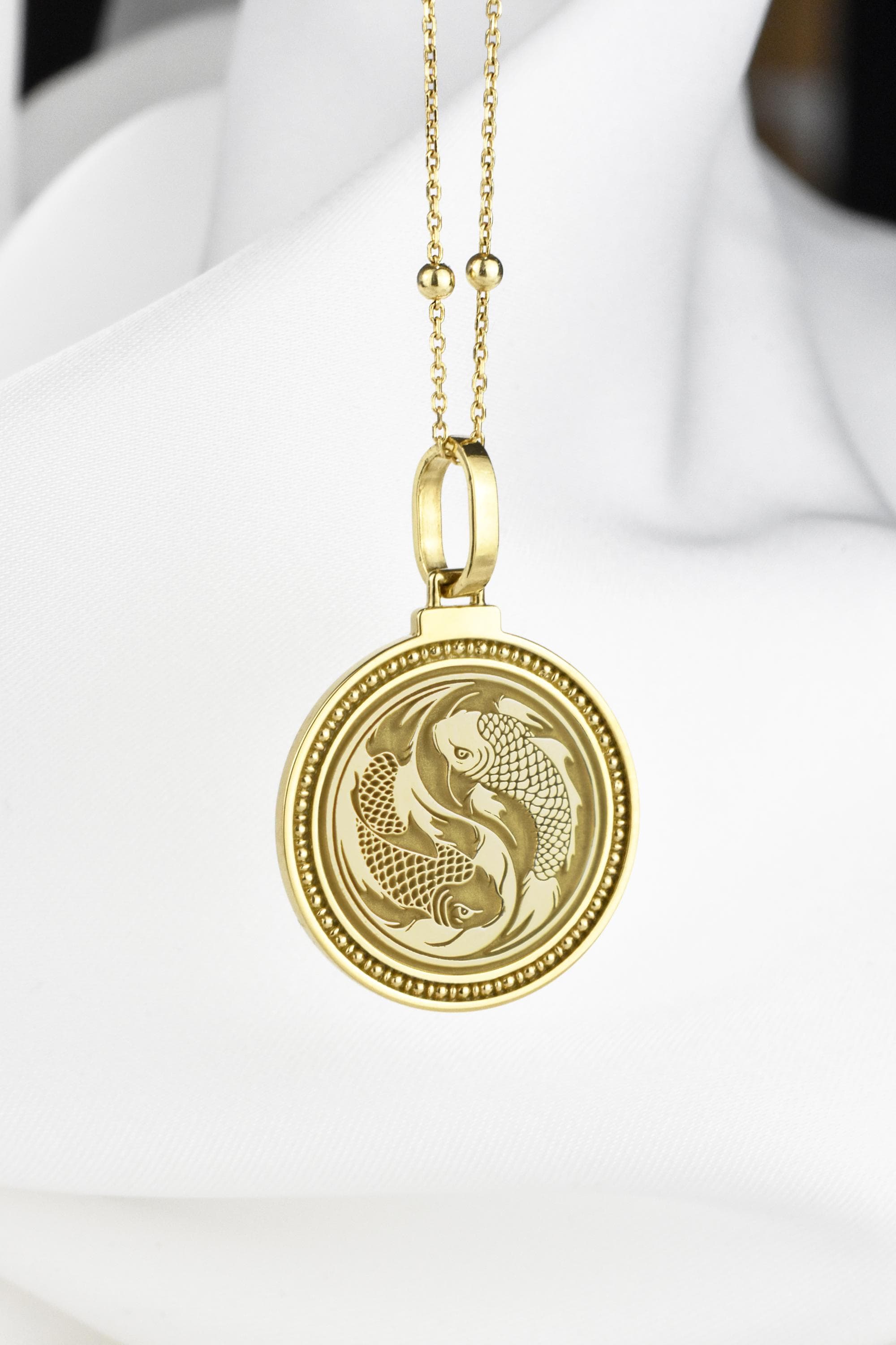 14Kソリッドゴールド陰陽鯉ペンダントネックレス：道教のチャーム