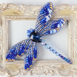 May include: A blue and gold beaded dragonfly brooch with a dark blue crystal centre. The brooch is displayed in a decorative frame.