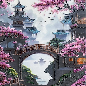 Bead Embroidery Kit &quot;Dream of an oriental journey&quot;, Japanese style needlework kit, Japanese beading art, Gift for Her, Craft Kit