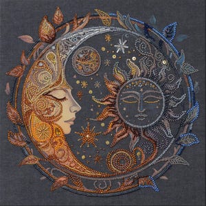 DIY Bead Embroidery Kit on canvas &quot;Captive of the night&quot;, gift for her, &quot;Prisoner of the Night&quot;, Wall Art, Bead Embroidery Kit Sun and Moon