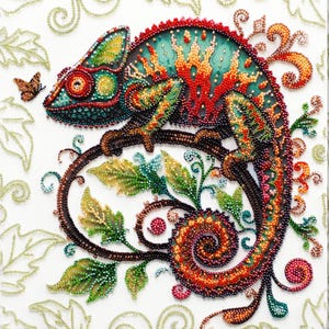 May include: A colorful beaded chameleon perched on a branch with green leaves. The chameleon's body is a mix of red, orange, green, and blue beads. The branch is made of brown beads and the leaves are green and yellow.