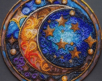 Bead Embroidery Kit on Canvas "Magic Dreams", Beaded moon and sun, Star embroidery, Moon and Stars, Embroidery Pattern Moonlit night
