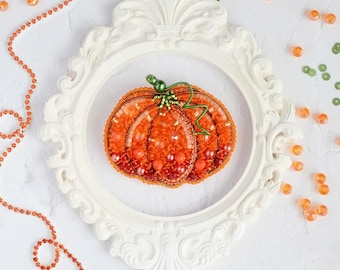 Bead embroidery kit "Pumpkin" brooch, DIY jewelry making kit. Wonderfull bead brooch embroider, Incredible gift for her