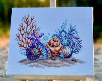 Cross stitch kit "Seashells and Corals". Modern DAY Marine Wall Decor. Craft Kits - Embroidery Kit Underwater Ocean. FREE SHIPPING