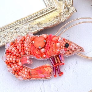 Bead embroidery kit &quot;Shrimp&quot; brooch, DIY jewelry making kit, Wonderfull bead brooch embroider, Incredible gift for her