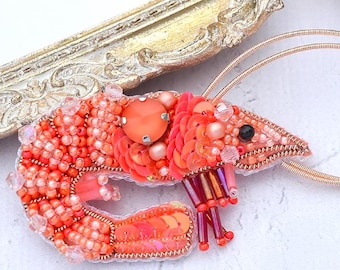 ビーズ刺繍キット - エビのブローチ、ビーズの海エビ、エビの刺繍、夏