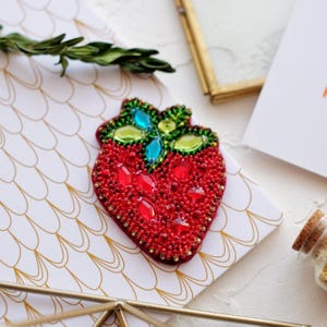 Beaded Brooch Kit &quot;Strawberrys&quot; brooch, DIY jewelry making kit, Wonderfull bead brooch, Gift for her, Beaded Embroidery Kit, Handmade Brooch