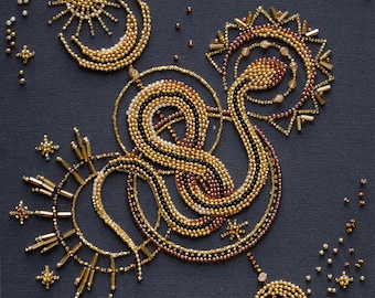 DIY Bead Embroidery Kit "Golden Talisman" "Snake" for bead embroidery, bead embroidery kit, beading kit on Art Canvas,  FREE SHIPING