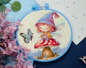 Cross stitch kit "Little Sorceress" with hoop, Fairy in the forest, Magic Embroidery kit, Mushroom embroidery, DIY butterfly fairy