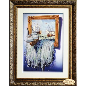 Bead Embroidery Kit &quot;Sea in the picture&quot;, Sea ship Sailboat, bead embroidery seascape, Embroidery Pattern Gift for Her Craft Kit