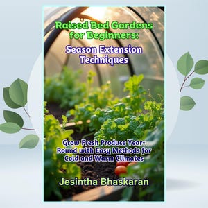 Könnte beinhalten: Buchcover mit dem Titel "Raised Bed Gardens for Beginners: Season Extension Techniques". Das Bild zeigt ein Hochbeet mit grünen Pflanzen in einem Gewächshaus. Der Text darunter lautet "Grow Fresh Produce Year-Round with Easy Methods for Cold and Warm Climates."