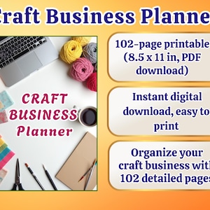 Könnte beinhalten: Ein digitaler Craft Business Planner mit Laptop, Garn und Bastelzubehör. Der Planer hat 102 Seiten, 21.6 x 27.9 cm, und ist als PDF-Download verfügbar. Er hilft, ein Handwerksunternehmen zu organisieren.
