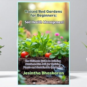 Könnte beinhalten: Buchcover mit dem Titel "Hochbeetgärten für Anfänger: Boden Gesundheitsmanagement". Das Cover zeigt eine Gartenszene mit Tomaten und grünen Pflanzen. Der Text lautet "Der ultimative Leitfaden zum Aufbau von nährstoffreichem Boden für gedeihende Pflanzen und nachhaltiges Gärtnern" von Jesintha Bhaskaran.