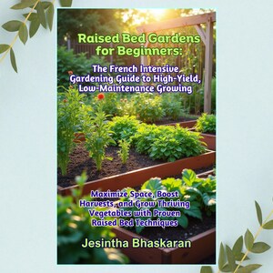 Könnte beinhalten: Buchcover "Raised Bed Gardens for Beginners" mit einer Gartenszene. Der Text lautet: "The French Intensive Gardening Guide to High-Yield, Low-Maintenance Growing." Es erwähnt auch die Maximierung des Raums und die Steigerung der Ernte.