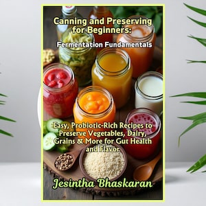 May include: A book cover titled "Canning and Preserving for Beginners: Fermentation Fundamentals." The cover features jars filled with colorful preserves, vegetables, and ingredients. Text on the cover reads "Easy, Probiotic-Rich Recipes to Preserve Vegetables, Dairy, Grains & More for Gut Health and Flavor."