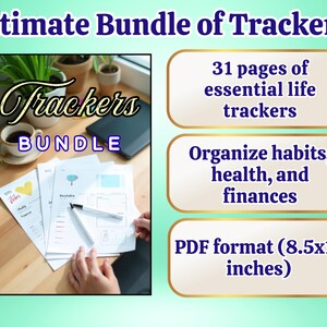 Könnte beinhalten: Ein Bundle aus druckbaren Trackern mit dem Text "Ultimate Bundle of Trackers". Das Bild zeigt einen Stapel von Tracker-Seiten, eine Tasse Kaffee und ein Tablet. Das Bundle enthält 31 Seiten zur Organisation von Gewohnheiten, Gesundheit und Finanzen, im PDF-Format, 21,6 x 27,9 cm.