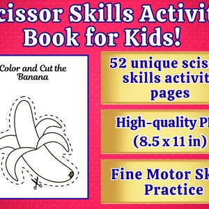 Puede incluir: Un libro de actividades infantiles con fondo rojo. El libro presenta un contorno de plátano para practicar colorear y cortar. El texto incluye "Scissor Skills Activity Book for Kids!" y "52 páginas de actividades de habilidades con tijeras únicas."