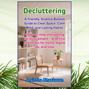 Könnte beinhalten: Buchcover mit dem Titel „Decluttering“ mit dem Text: „Ein freundlicher, wissenschaftlich fundierter Leitfaden für klaren Raum, ruhigen Geist und dauerhafte Gewohnheiten.“ Innenszene mit Stuhl, kleinem Tisch und Bücherregal. Name des Autors: Jesintha Bhaskaran.