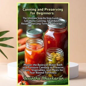 Könnte beinhalten: Buchcover mit dem Titel "Canning and Preserving for Beginners" mit Gläsern mit konservierten Lebensmitteln. Das Buch verspricht eine Schritt-für-Schritt-Anleitung zum sicheren Einmachen zu Hause, kleine Chargenrezepte und die langfristige Lagerung von Lebensmitteln. Es erwähnt auch die Konservierung von Obst, Gemüse und Fleisch.