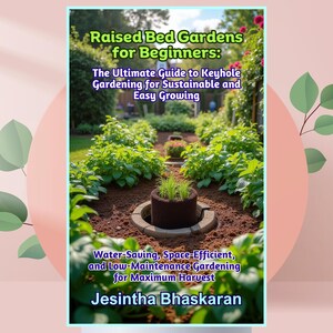 Peut inclure: Couverture de livre intitulée « Raised Bed Gardens for Beginners » avec le sous-titre « The Ultimate Guide to Keyhole Gardening for Sustainable and Easy Growing ». L'image présente un jardin et le nom de l'auteur, Jesintha Bhaskaran.