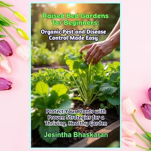 May include: A book cover featuring the title "Raised Bed Gardens for Beginners" and the subtitle "Organic Pest and Disease Control Made Easy." The image shows a hand tending to plants in a garden. The cover also includes the text "Protect Your Plants with Proven Strategies for a Thriving, Healthy Garden" and the author's name.