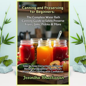 Könnte beinhalten: Buchcover mit dem Titel „Canning and Preserving for Beginners“ mit Text und Bildern von Konserven. Das Buchcover enthält Text über das Einkochen von Früchten, Marmeladen und Essiggurken. Gläser mit roten und orangen Konserven sind im Vordergrund.