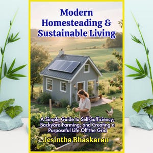 Könnte beinhalten: Buchcover mit dem Titel "Modern Homesteading & Sustainable Living" mit einem Foto eines kleinen Hauses mit Sonnenkollektoren, einem Garten und einer Person, die Pflanzen pflegt. Der Text lautet "A Simple Guide to Self-Sufficiency, Backyard Farming, and Creating a Purposeful Life Off the Grid" von Jesintha Bhaskaran.