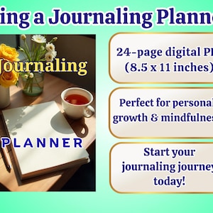 Könnte beinhalten: Ein digitaler Journaling-Planer mit dem Text "Journaling Planner" auf dem Cover. Das Bild zeigt eine Tasse Tee, Blumen und einen Stift. Der Planer ist 21,6 x 27,9 cm groß und ist für persönliches Wachstum und Achtsamkeit konzipiert.