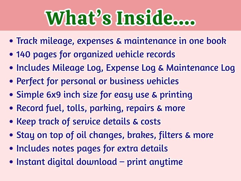 Vehicle Mileage & Expense Logbook PDF | 140 Pages | Track Fuel, Repairs ...