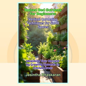 Könnte beinhalten: Buchcover mit dem Titel "Hochbeetgärten für Anfänger: Vertikale Gartentechniken für kleine Räume". Das Cover zeigt einen vertikalen Garten mit üppigem Grün und dem Text "Maximieren Sie Ihre Ernte durch Anbau nach oben in begrenzten Bereichen."