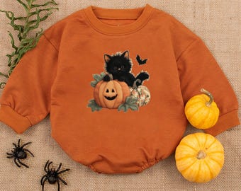Black Cat Pumpkin Baby Romper, Preppy Black Cat Pumpkin Baby Outfit, Custom name Fall Pumpkin Baby Outfit, Fall Girly Cozy Baby Clothes Gift