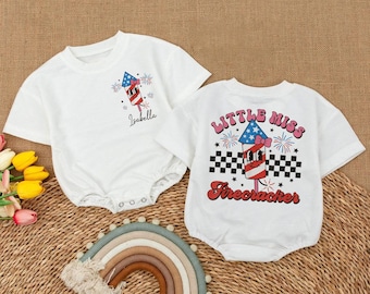 Little Miss Firecracker Baby Girl Romper, 4th July Kids Outfit, Kids Patriotic American Girl Outfit, American Flag Baby Bodysuit Gift