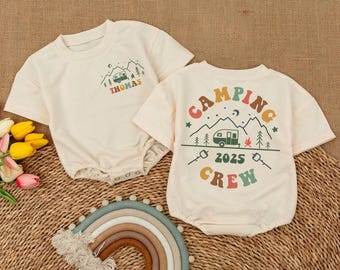 Personalized Camping Crew Baby Romper, Retro Summer Camping Kids Clothing, Cousin's Campout, Baby Summer Outfit, Months Romper,  Baby Gift