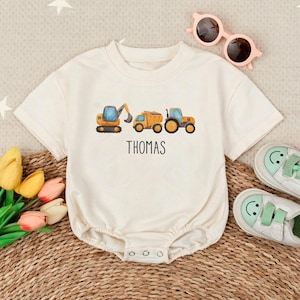 Personalized Construction Equipment Bubble Romper, Watercolor Easter Boy Bodysuit, Spring Infant Gift