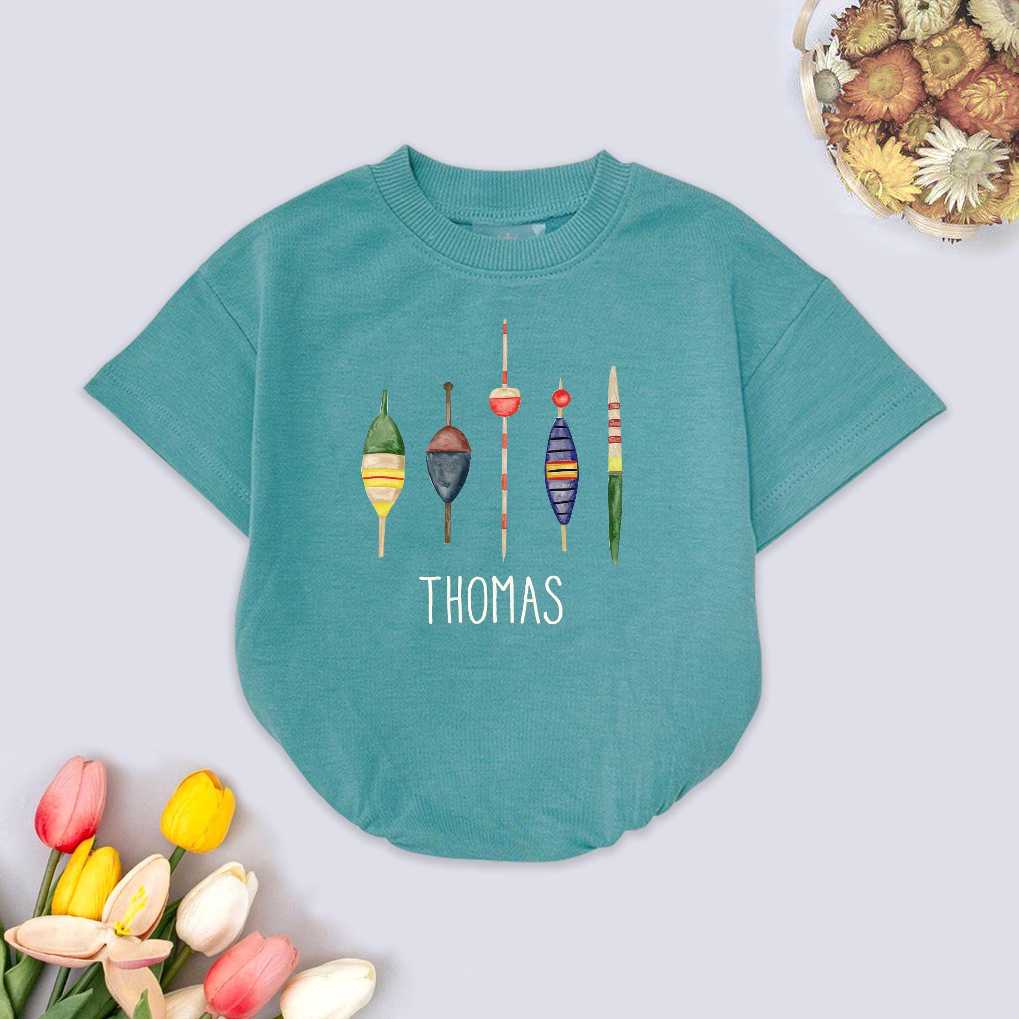 Personalized Fishing Bubble Rompẻ for Boys, Watercolor Bobbers with Name Outfit, Kids Summer Vacation Baby Bodysuit, Birthday Outfit Gift
