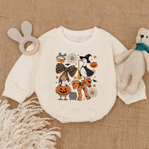 Spooky Halloween Goose Baby Romper, Halloween Coquette, Girly Fall Goose Baby Bodysuit, Witch Vibes, Goose Ghost, Floral Pumpkin Outfit